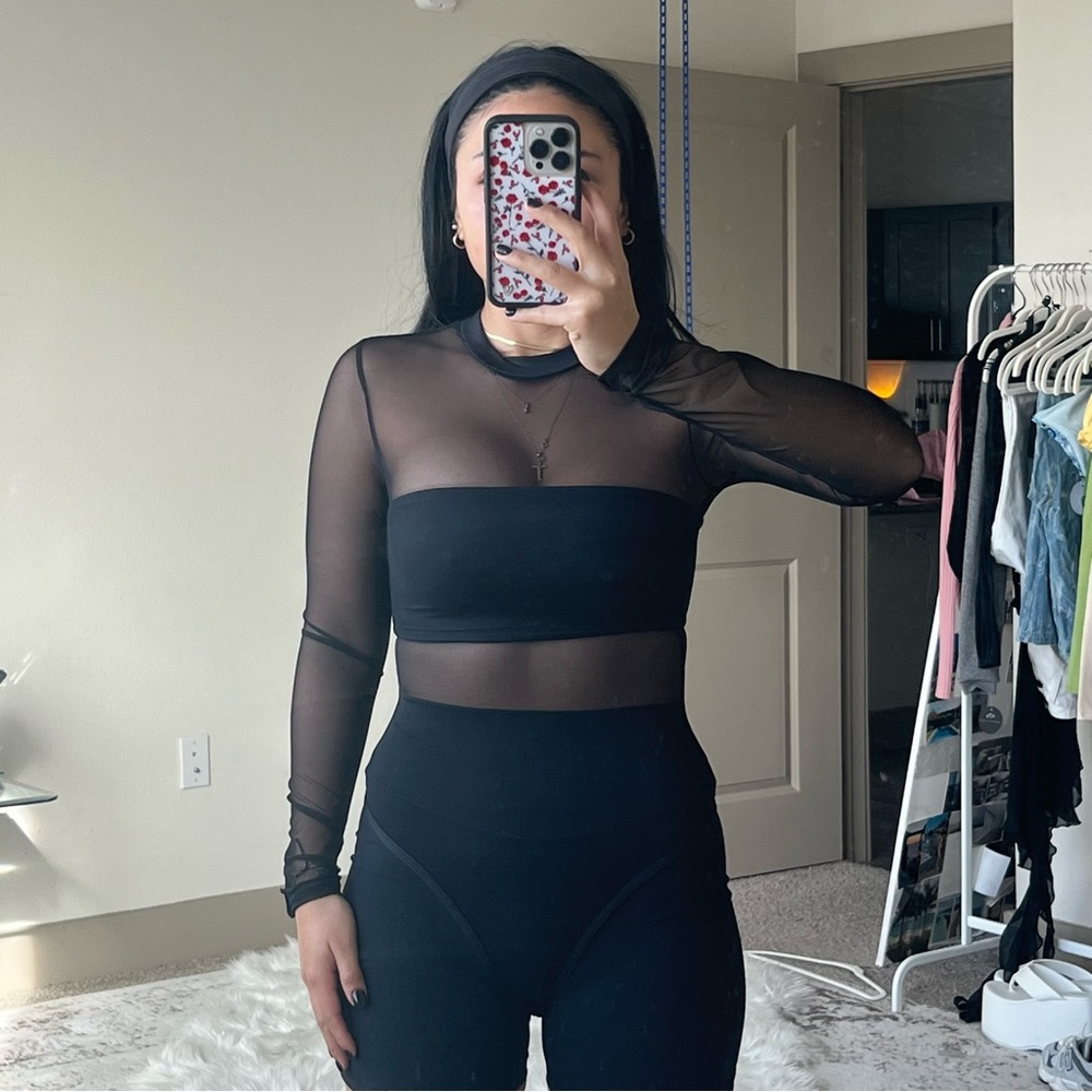 Black mesh and tube top bodysuit